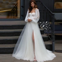 bohemian elegant strapless lace wedding dress 2021 long sleeve illusion tulle high slit for women vestido de noiva boho vintage