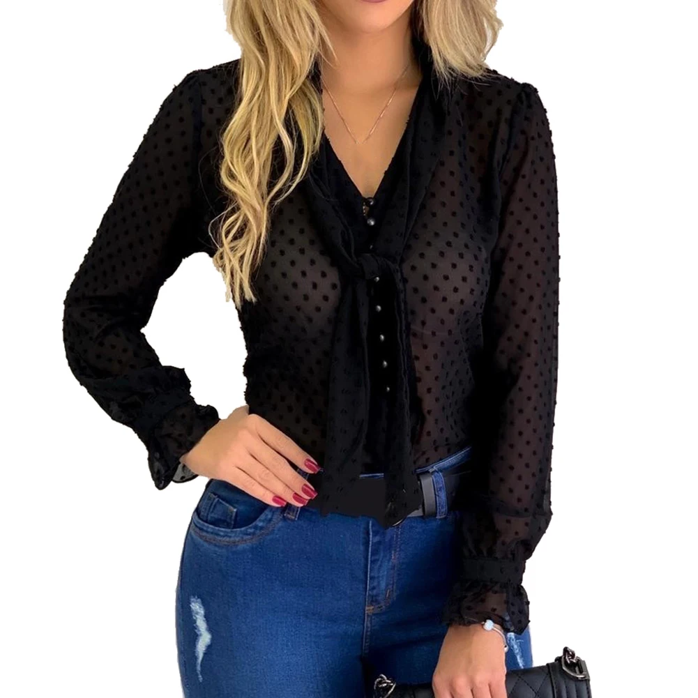 Рубашка в горошек с длинным рукавом на пуговицах женские летние топы блузки