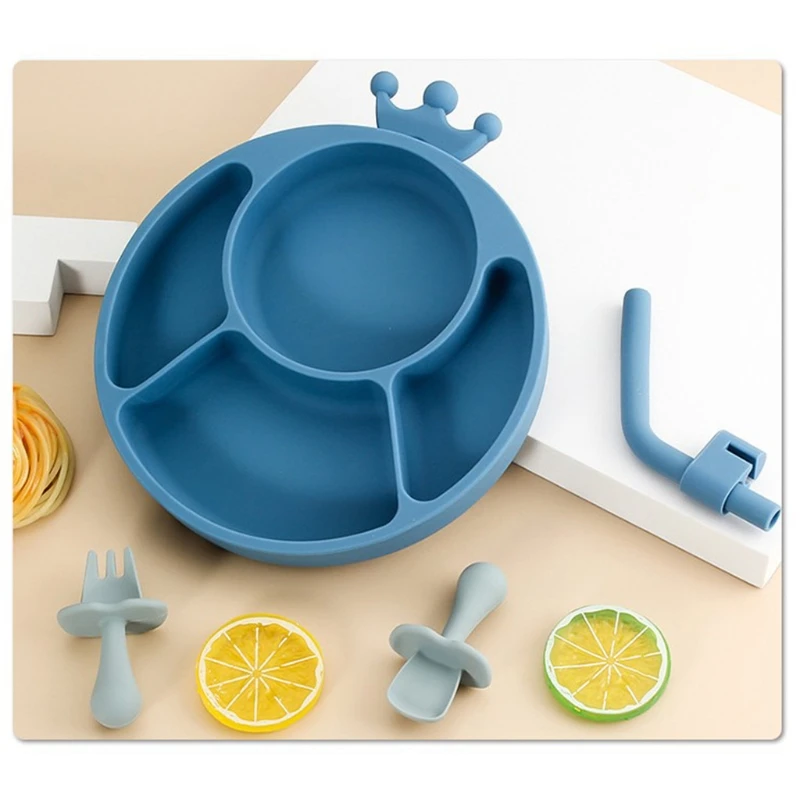 

808E 4 Pcs Baby Silicone Dinner Plate Sucker Bowl with Straw Spoon Fork Set Anti Slip Suction Divided Dish Tray Dinnerware