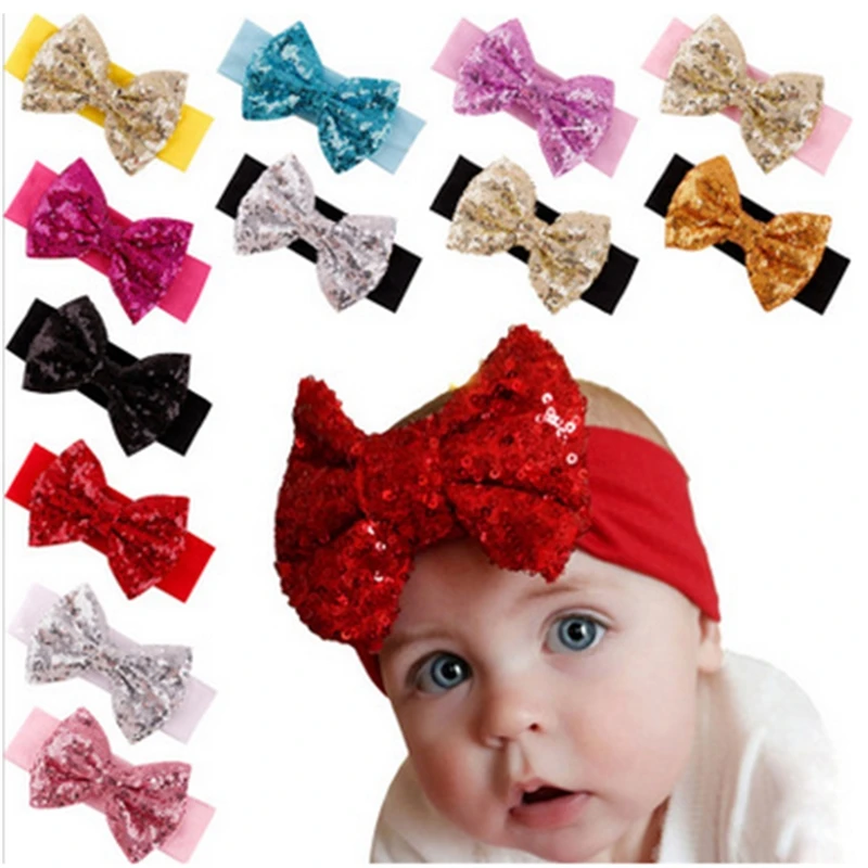 

2021 New Girls Big Sequin Bow Headbands For Girls Fashion Solid Elastic Hair Bands Spring Glitter Hair Bows Hair Accessories