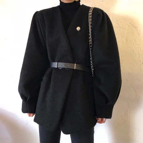 black SuperAen, корейский стиль, шерстяная куртка для женщин, модная, дикая, повседневная, для девушек, куртки с v-образным вырезом, двубортная, одноцветная, зимняя Новинка - Цвет: black