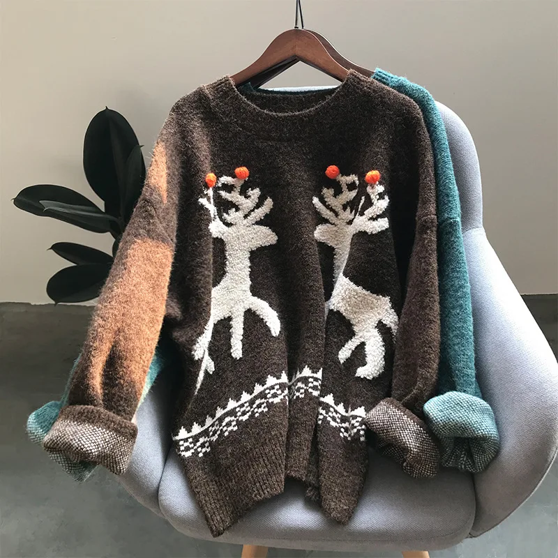 Johnature Thick Sweater Pullovers Women Clothes 2020 New Spring O-neck Print Leisure Animal Deer Casual Concise Sweaters | Женская
