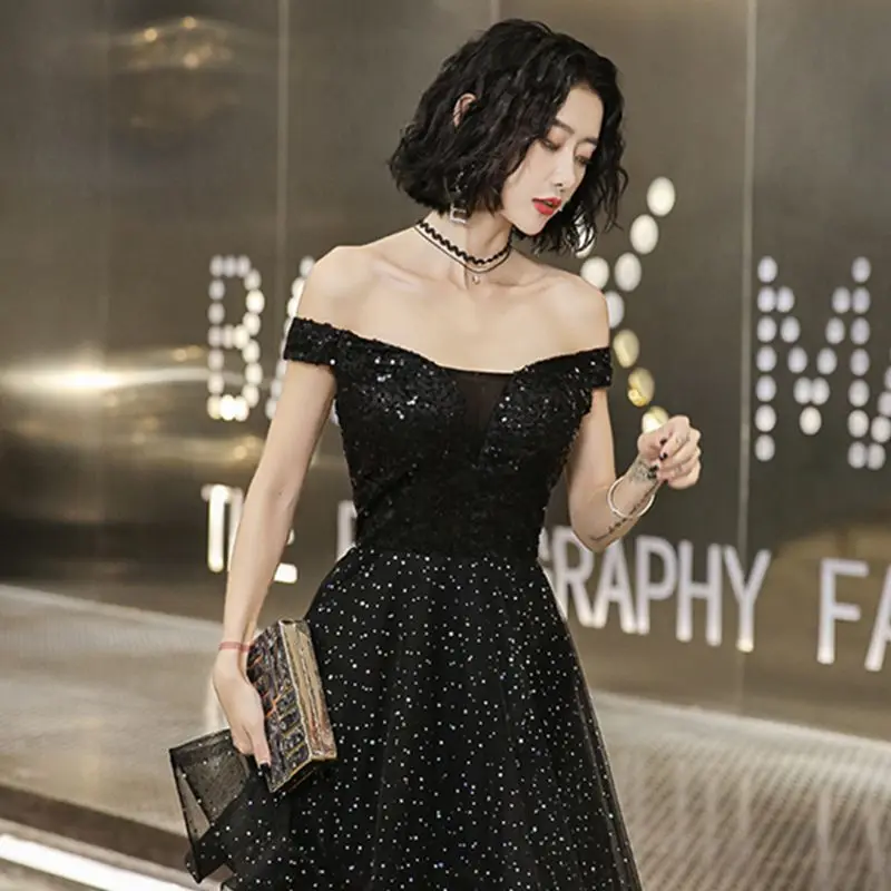 

2021 New A-Line Black Sequins Evening Dresses Long Elegant Off the Shoulder Princess Evening Gown Sexy Backless Formal Prom Gown