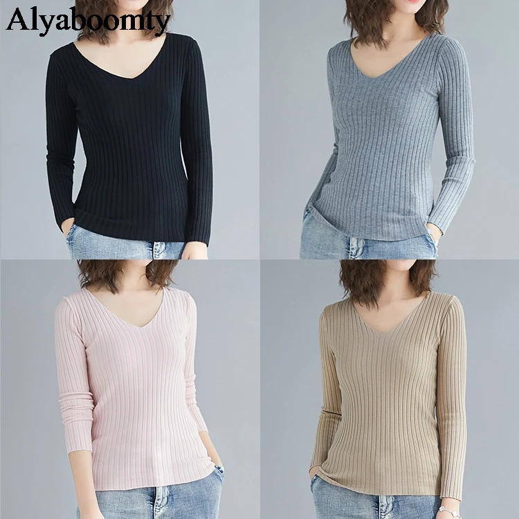 Корейский стиль осень зима женский свитер с v-образным вырезом черный серый