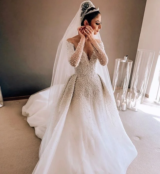 Pearls Beaded Detachable Wedding Dresses Mermaid Luxury Arabic Dubai Long Sleeves Bridal Gowns Vestido De Noiva Brautkleider