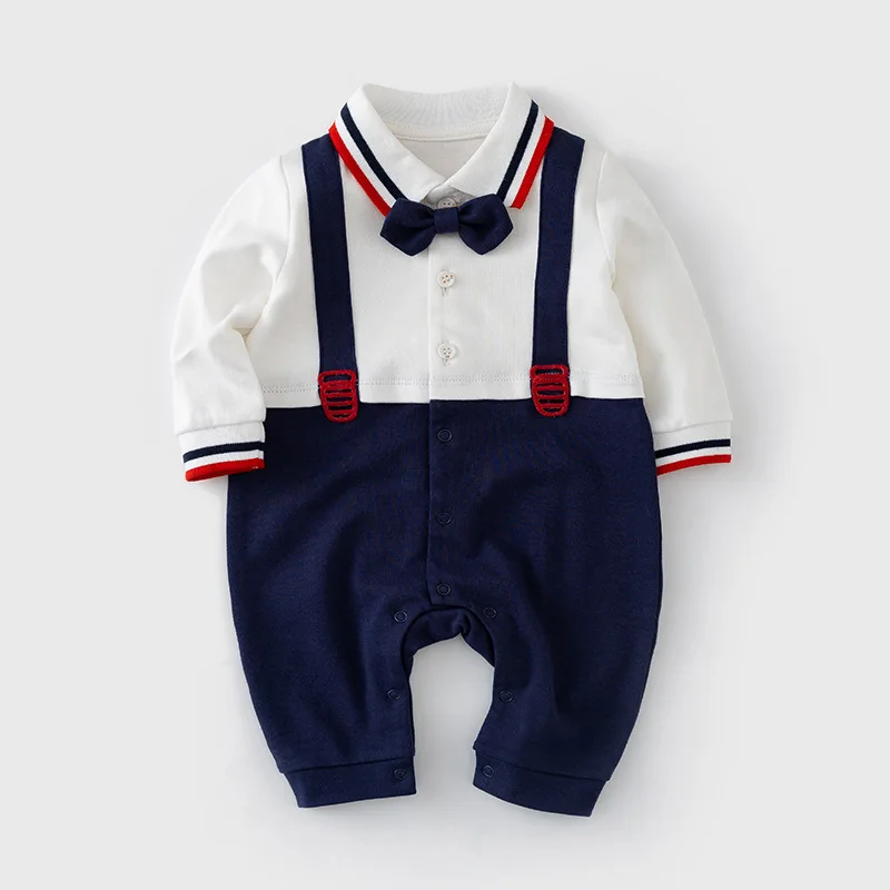 

Newborn Baby Boys Bow Tie Gentle Rompers Long Sleeve Hit Color Jumpsuits Clothes for 0-2 Years Toddler Boys