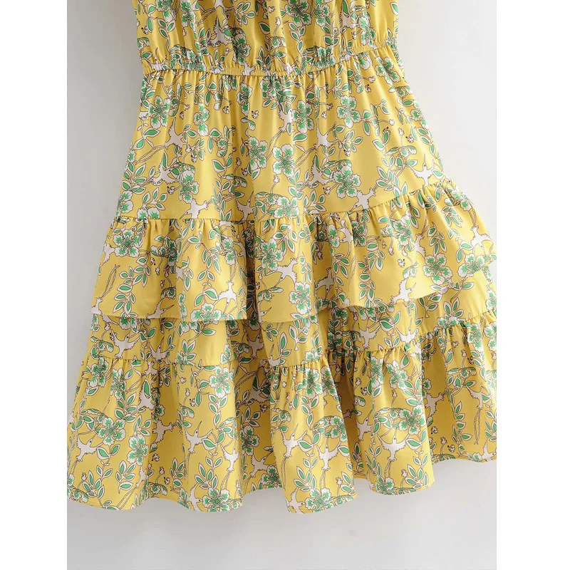 

Summer New Fashion Versatile Thin Neckline Off-shoulder Laminated Print Women Dress Lotus Leaf Harajuku Sweet Chic Female Dress