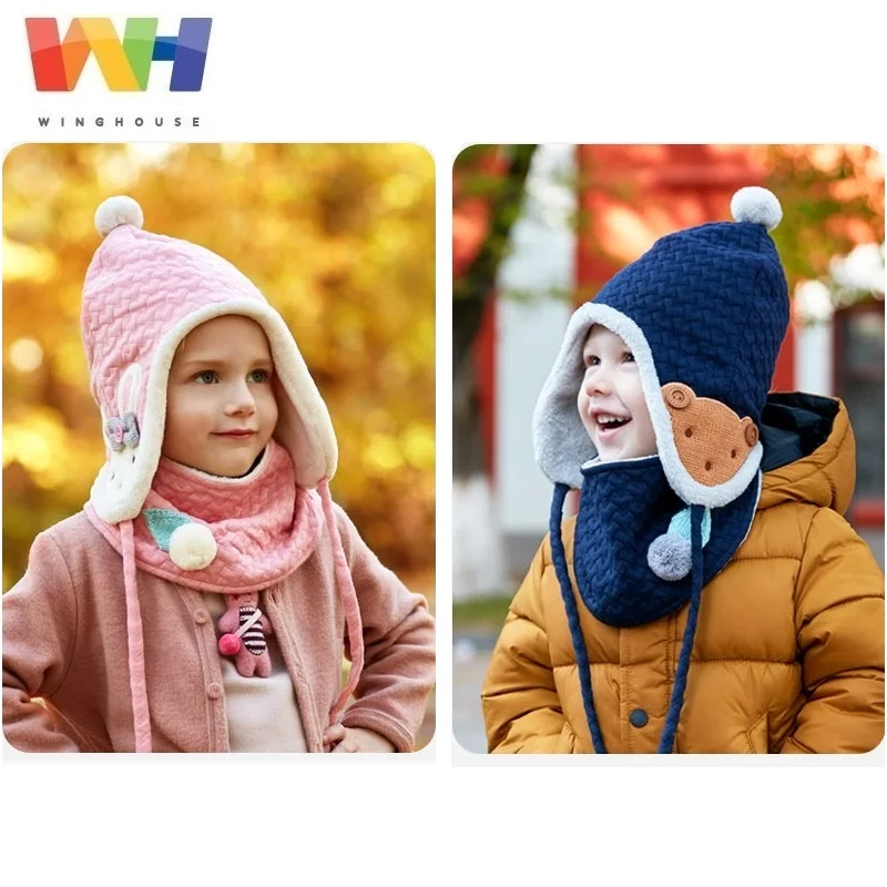 Зимний детский комплект из шапки и шарфа с мультяшным медведем кроликом для