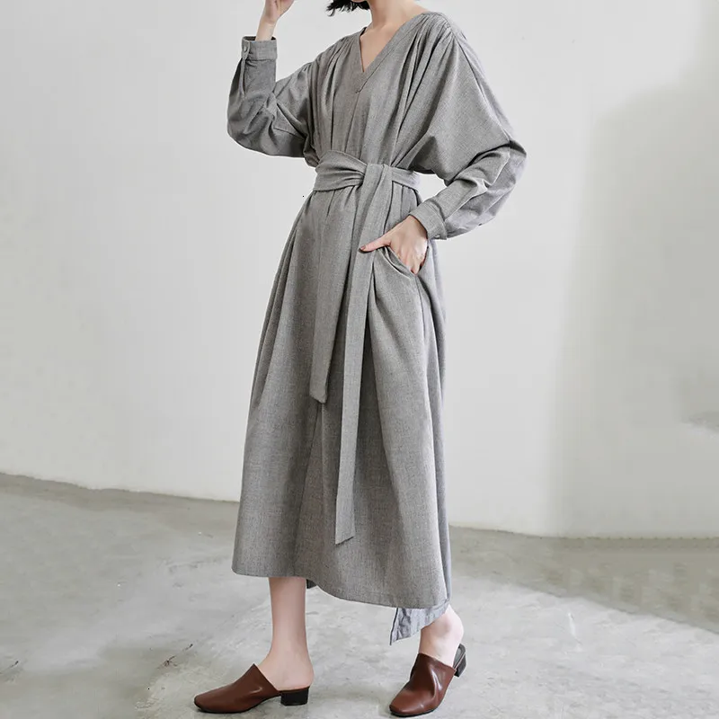 LANMREM новинка 2020 весна-зима v-образный вырез длинный рукав серое свободное