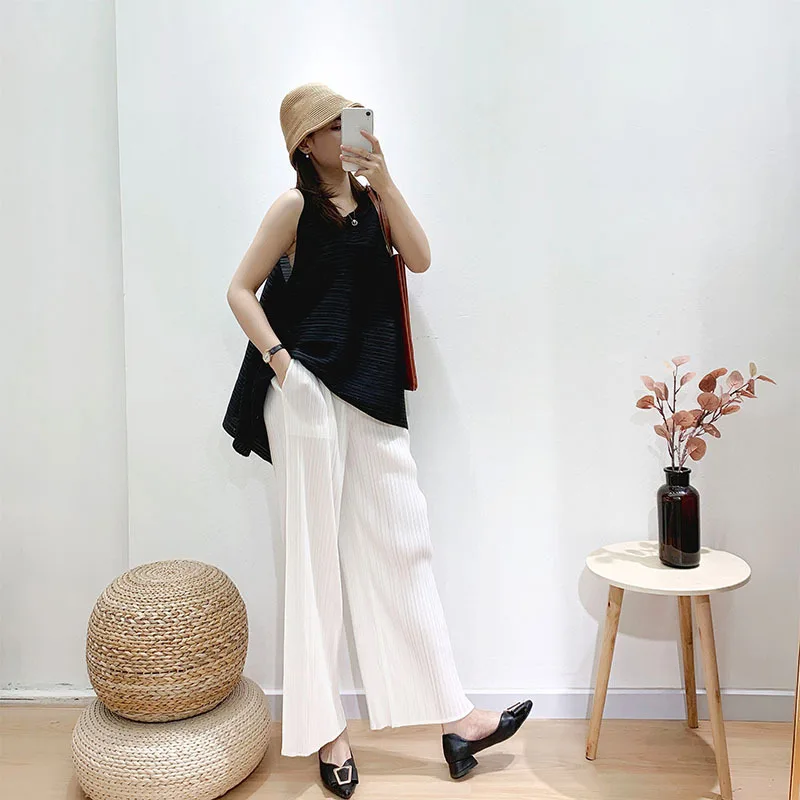 White  Spring And Summer 2021 New High Waist Leg Straight Pleated Pants