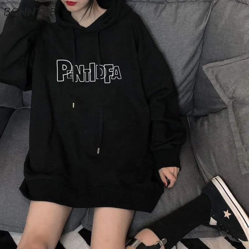 

Letter Print Pullover Women Hoodies Plus Velvet Thicker Hooded Harajuku Fashion Streetwear All-match Leisure Front Pockets Chic