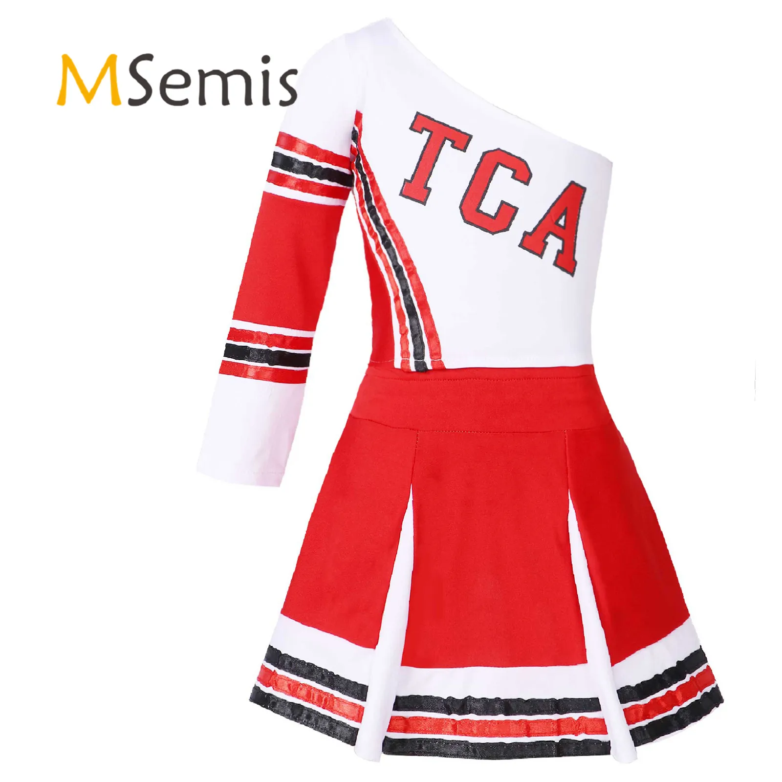 

Kids Girls Cheerleading Dance Costume Oblique Shoulder Letter Print Striped Style Crop Top with Elastic Waistband Pleated Skirt
