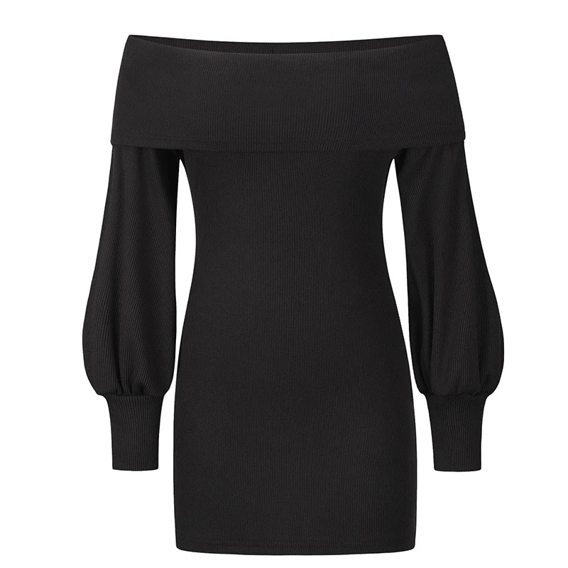 

Autumn Off Shoulder Knitt Women Sweater Dress Slash Neck Solid Lantern Sleeve Sheath Winter Short Dress Office Lady Casual 2021