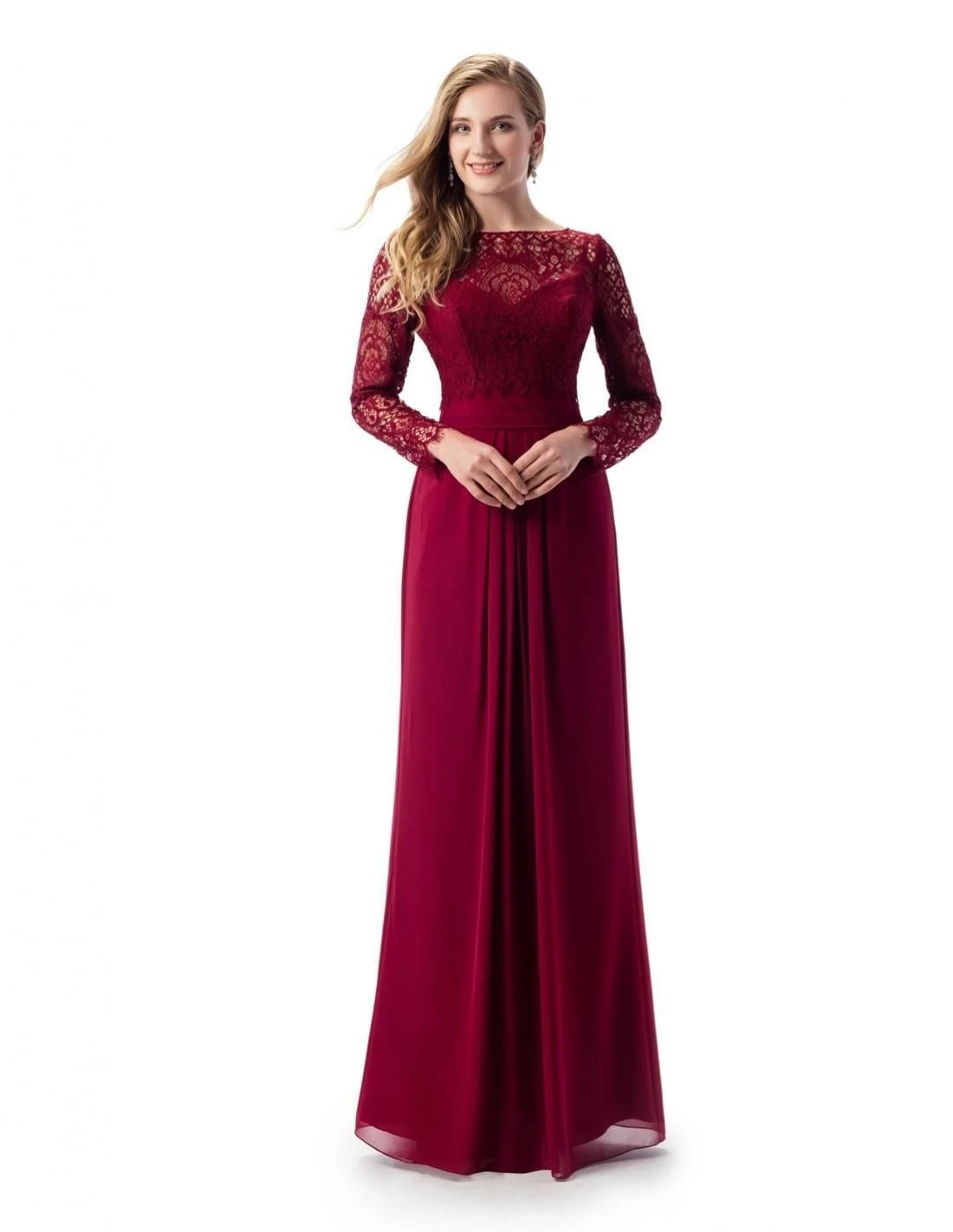 

Burgundy Mother Of The Bride Dresses A-line Scoop Long Sleeves Chiffon Lace Plus Size Long Groom Mother Dresses Wedding