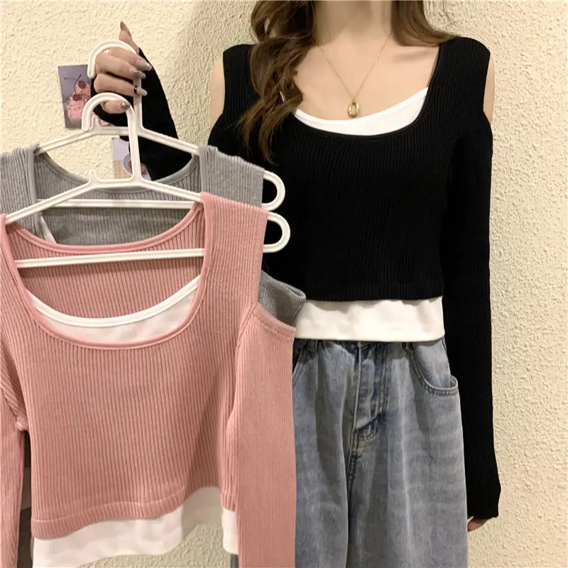 

Knitting Patchwork Cropped Tees Long Sleeve Pink Tops Sueter Mujer Basic Casual Black Harajuku Female Clothing Rib Tshirts