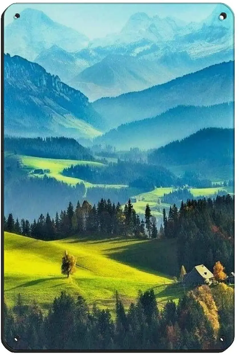 

Scenery Overlapping Mountain Peaks Cabins Natural Retro Poster Metal Tin Sign Chic Art Retro Iron Painting Bar People Cave Cafe