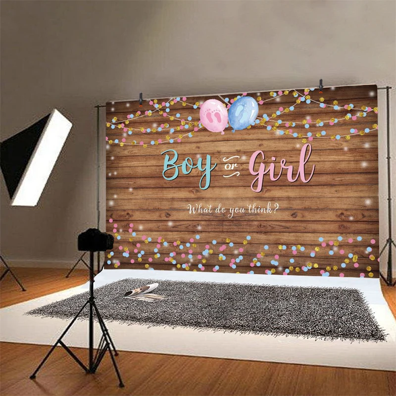 Boy or Girl Gender Reveal Photo Backdrop Wooden Baby Shower Happy Birthday Party Newborn Kids Photography Background Banner