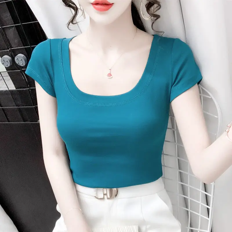 

short-sleeved t-shirt women's tight-fitting bottoming shirt summer new style big neckline solid color pure cotton slim underwear
