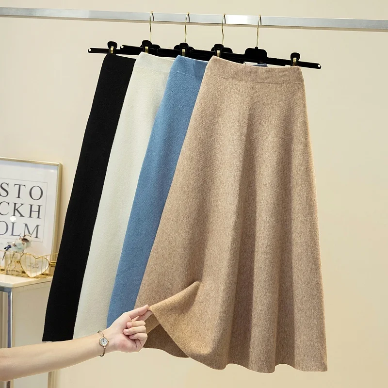 

Knitted Skirt For Women 2021 Autumn Winter Clohtes Elastic A Line Pleated Midi Long Knitting Skirts Female