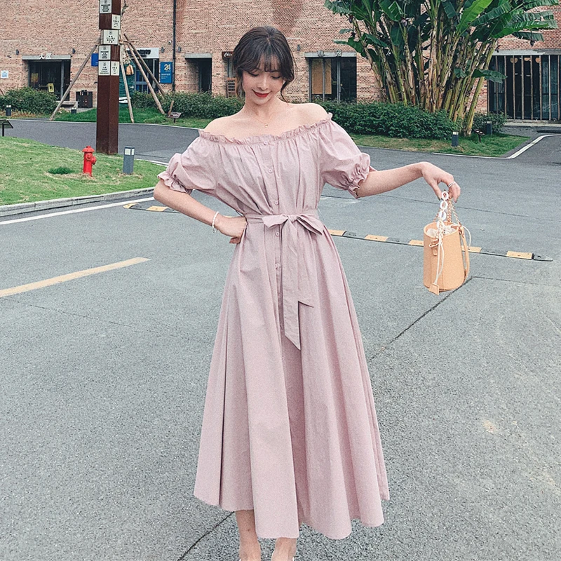 

2021 Elegant Series Spring Summer Fashion One Shoulder Pink Short Sleeve Dress Long Korean Office High Quality Women Clothing