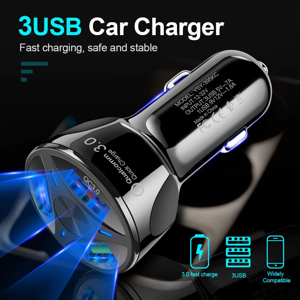 Автомобильное зарядное устройство QC3.0 3 usb-порта быстрое для iPhone Xiaomi Huawei