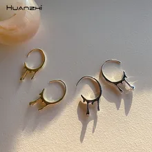 HUANZHI 2020 New Gold Color Metal C-shaped Water Droplets Circel Hoop Earrings Geometric Round for  Women Girls Travel Jewelry