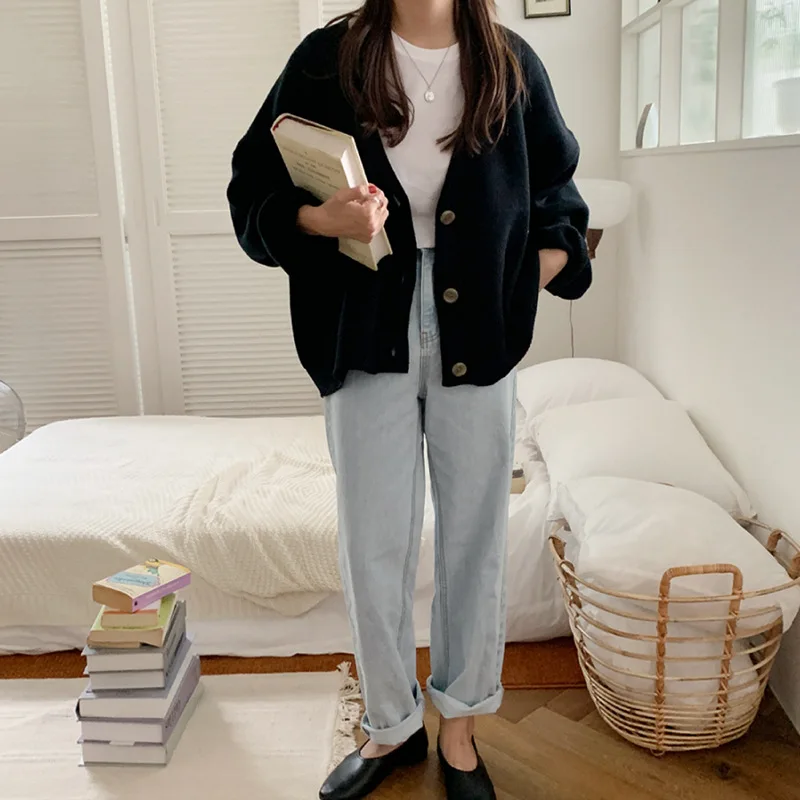 

Autumn Winter Plus size Knitted Sweater Women V-Neck Black Khaki Harajuku Cardigans Sweaters Woman Long sleeve Female Tops