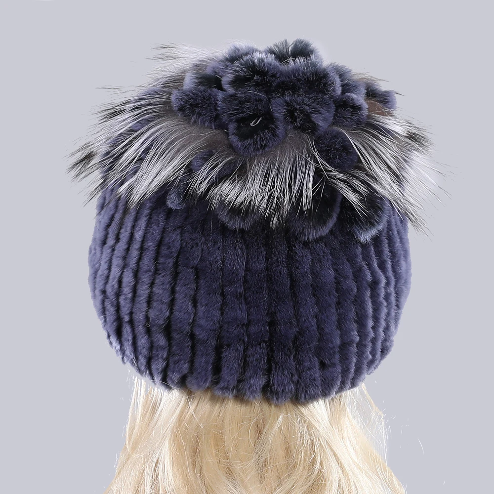 Женская Шапка бини зимняя теплая трикотажная из натурального Лисьего меха в