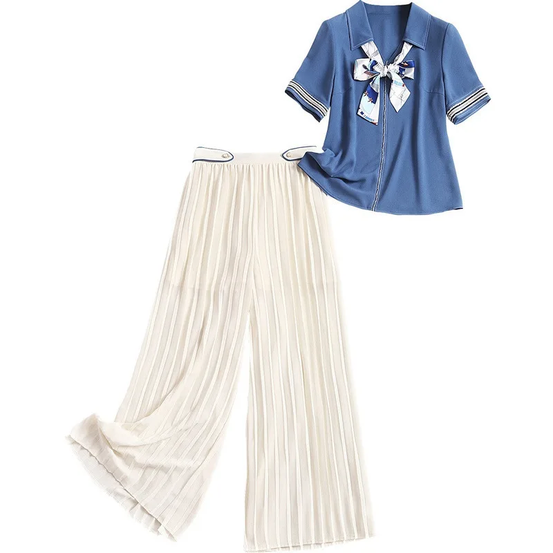 

2020 New Summer Fashion Women Clothes Turn Down Collar Short Sleeves Scarf T-shirt Top and Wide Legs Pleated Pants Set