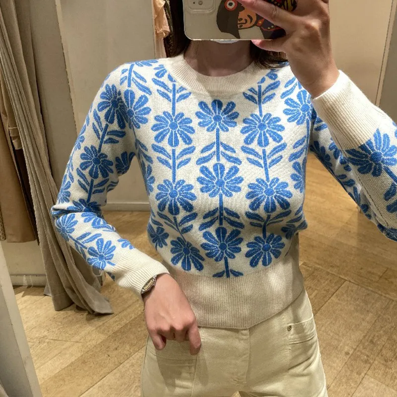 

Women's Long Sleeve Sweater Round Neck Slim Fashion Daisy Jacquard Ladies Blue Knitted Top Jumper Early Autumn 2021 New