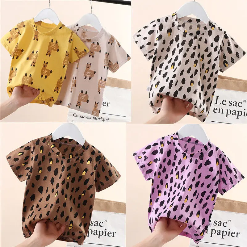 

Летние Новые Стильные Детские Модные топы для мужчин и женщин детская хлопковая футболка с коротким рукавом и леопардовым принтом P5925