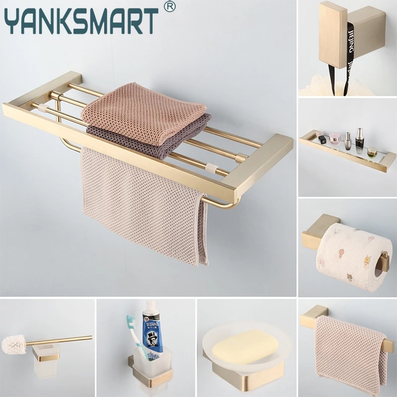 

YANKSMART Bathroom Accessories Hardware Gold Zinc Alloy Towel Shelf wc Accessories Papier Toilette Toilet Brushed Gold Set