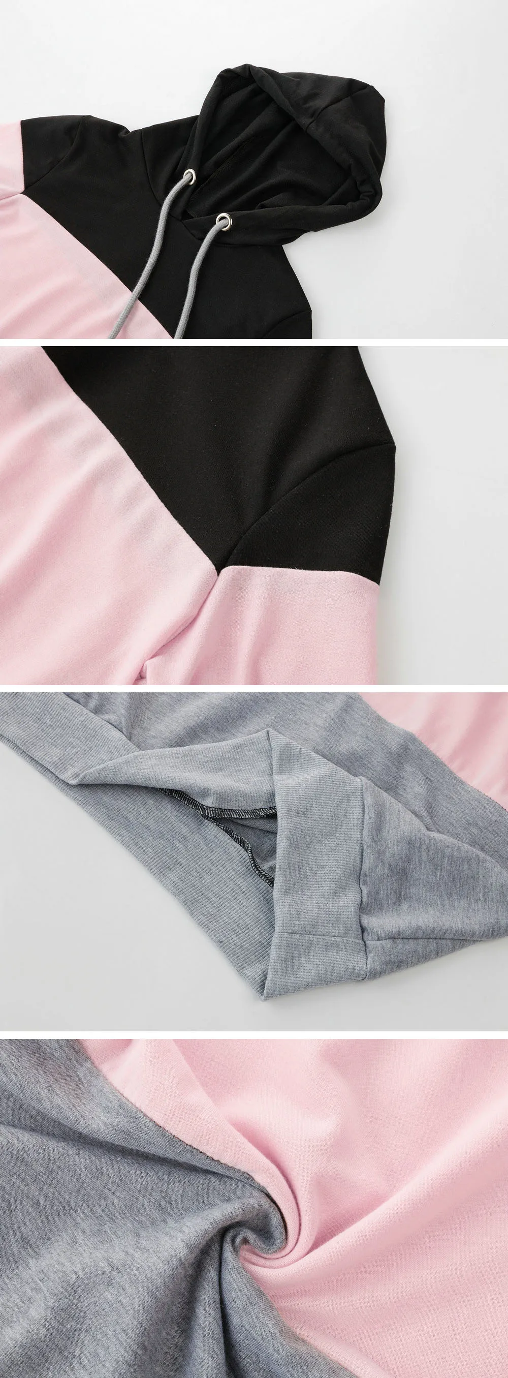 

Women Hooded Sweatshirt, Hoodies With DrawString, Contrast Color Grey Black Pink, Spring Autumn