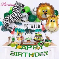 1set jungle party animal happy birthday banner cupcake toppers tableware green number balloons baby shower safari party supplies