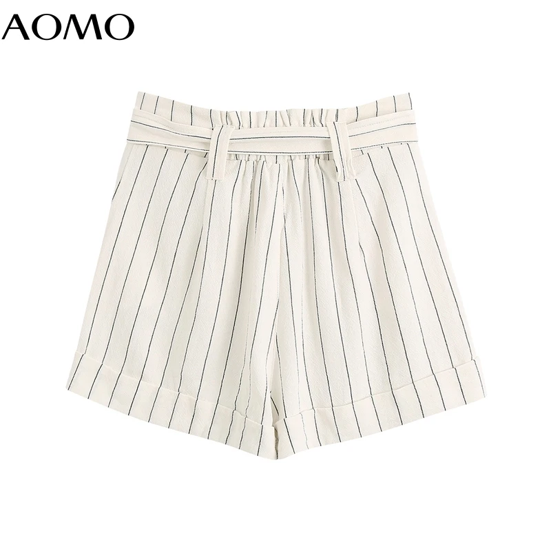 

AOMO women elegant striped shorts with slash pockets female retro basic casual shorts pantalones BE719A