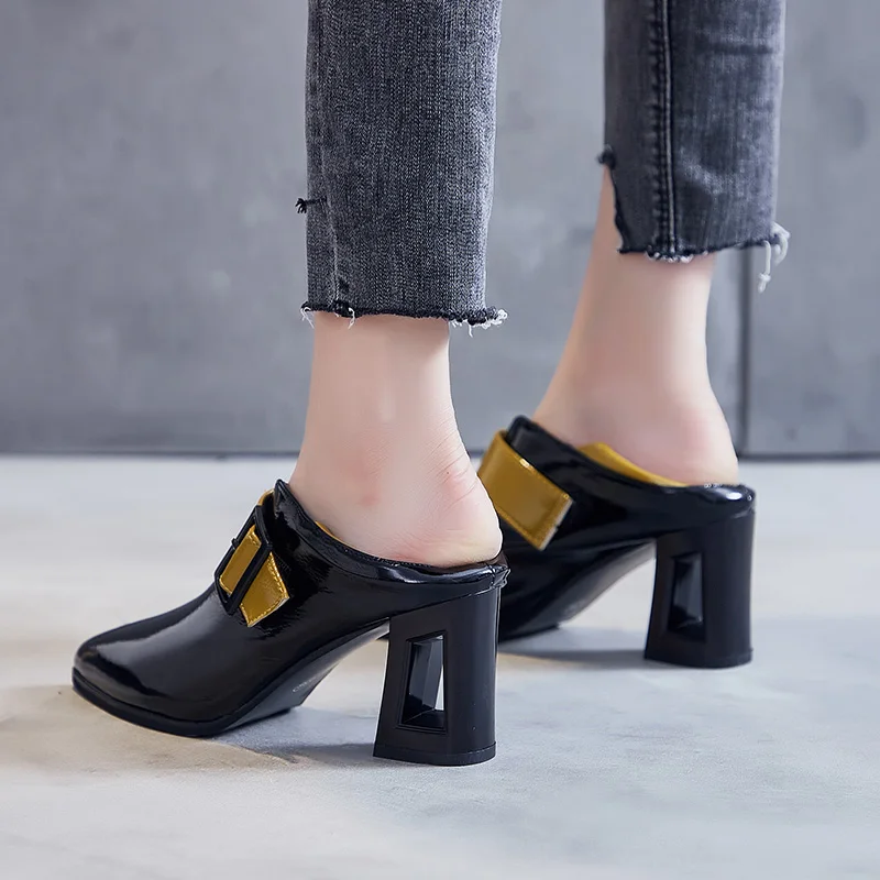 

Autumn Fashion Mix Color Pointed Toe Pumps Women Patent Leather High Heels Shoes Woman Square Heel Banquet Shoes Female N1-35