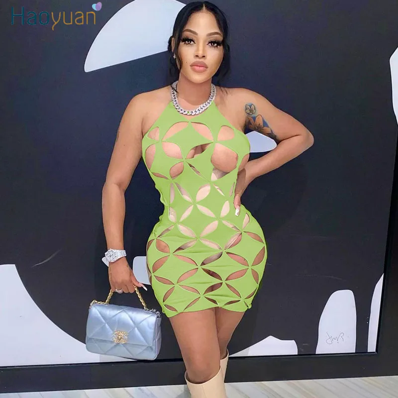 

HAOYUAN Halter Backless Bodycon Mini Dresses Sexy Birthday Club Outfits for Women Rave Festival Summer 2022 Cut Out Party Dress