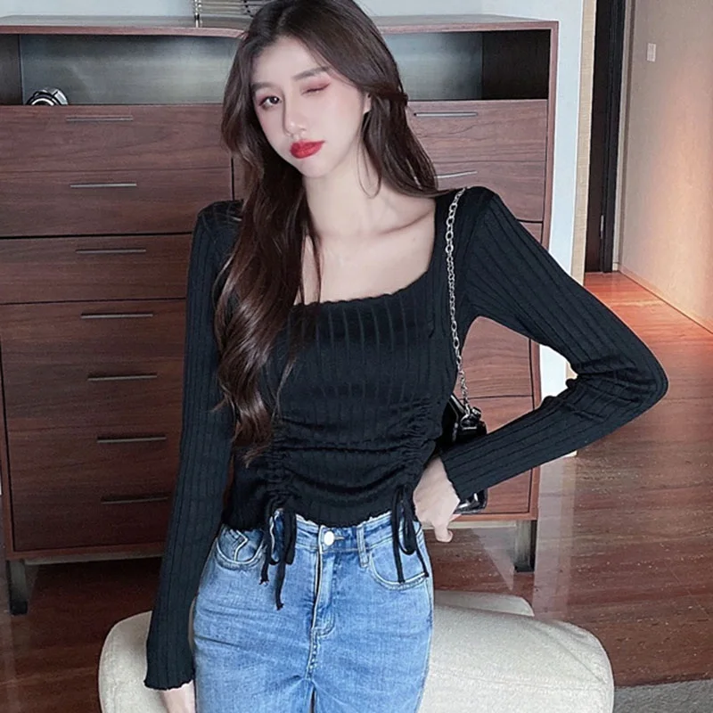 

Women Long Sleeve T-shirt Casual Knitted Tops Fashion Drawstring Square Collar T-shirts