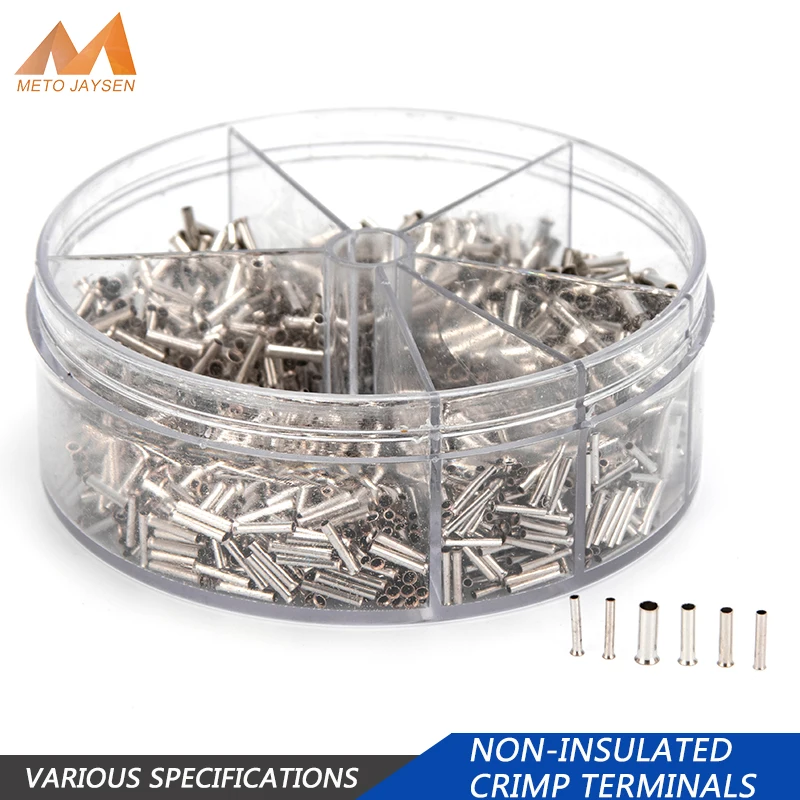 1900PCS Non-Insulated Wire Connector Electrical Cable Terminals Ferrules Copper Tinned Bare Crimp Tube Terminal 0.5-2.5 mm2