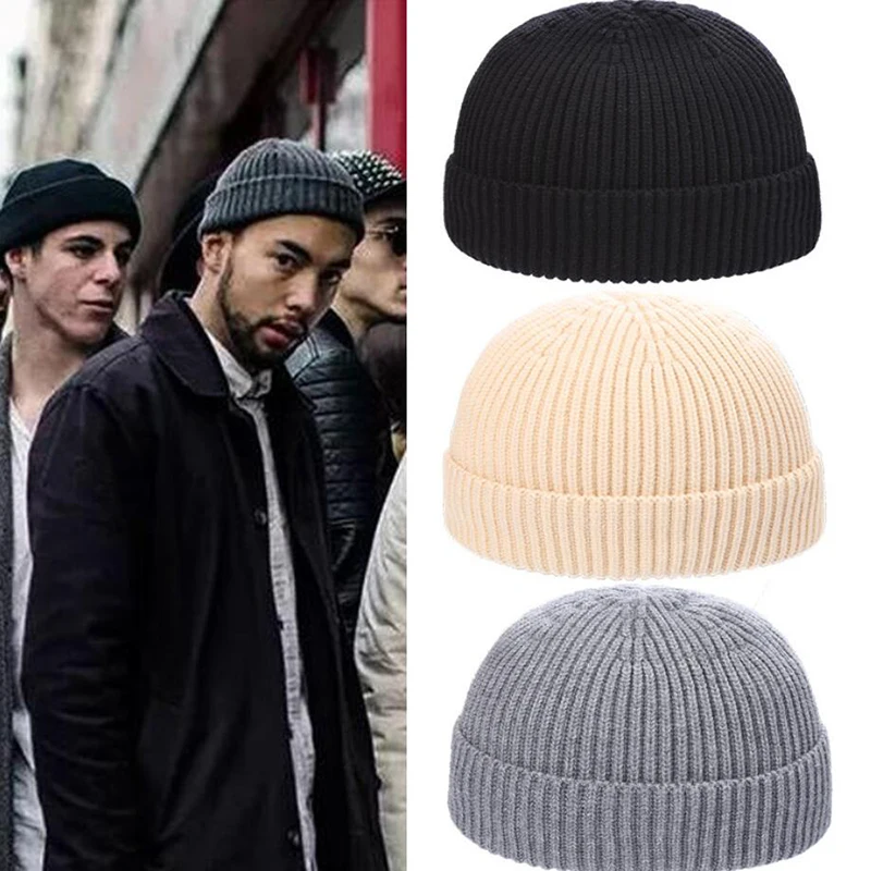 

Winter Autumn Hip Hop Skullcap Street Men Beanie Unisex Melon Cap Women Male Solid Color Warm Knitted Brimless Hat Men Beanies