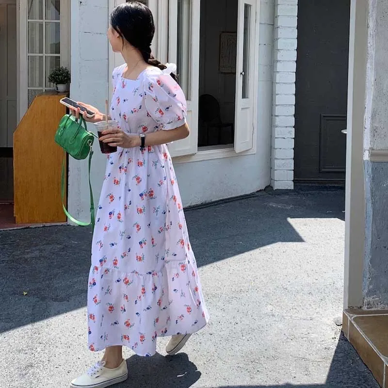 Vestidos coreanos de una pieza para mujer, vestido elegante con estampado Floral y mangas abullonadas, novedad de verano de 2021