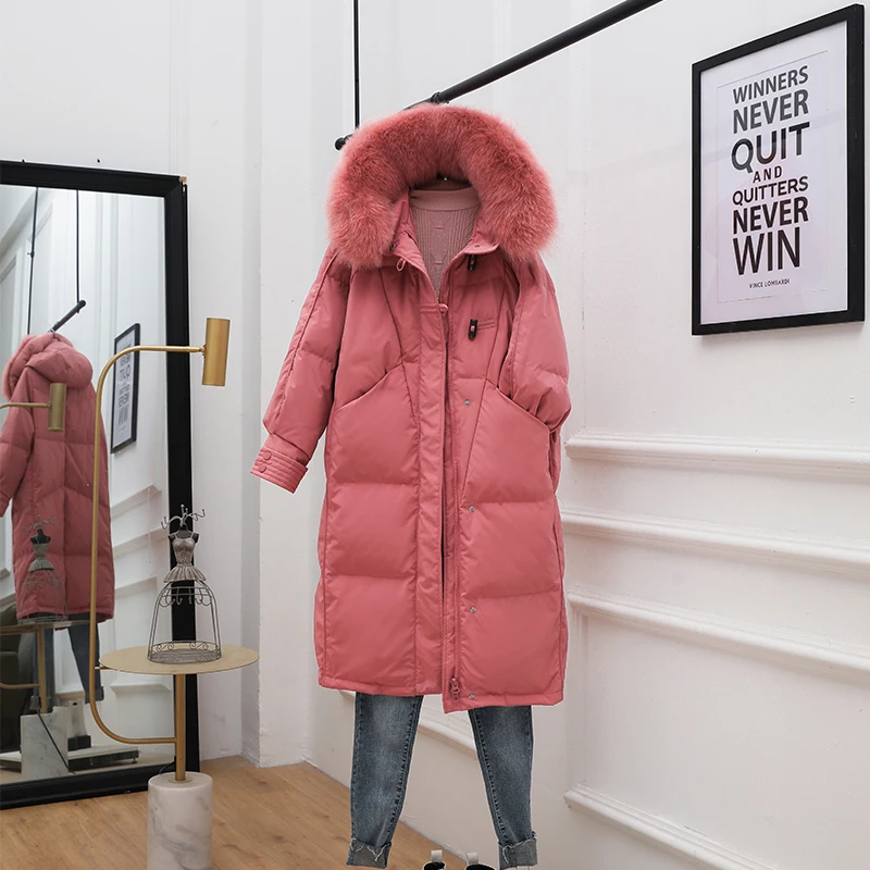 

Large Fur Hooded Jacket 90% Duck Down Long Coat Warm Snow Outwear Women Horn Button Big Pocket Winter Parkas