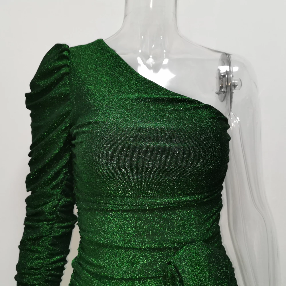 

Lofrcy Spring Women Long Sleeve One Shoulder Daily Ruched Dress Sexy Green Shiny Glitter Drapped Pleated Mini Club Party Dress