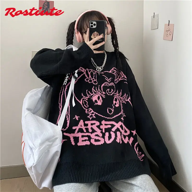 

Autumn and winter new round neck cartoon letter jacquard sweater women BF wind loose top knit sweater harajuku sweater