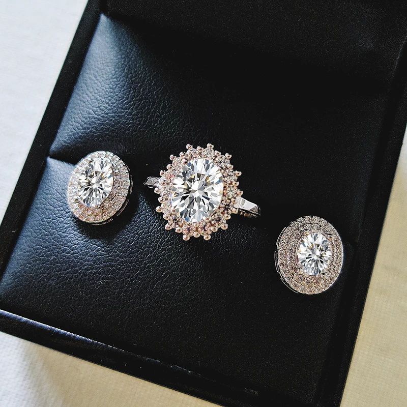 

2pcs Pack 925 Sterling Silver Jewelry Set Halo Engagement Ring Round Stud Earring For Wedding Gift Christmas J4944S