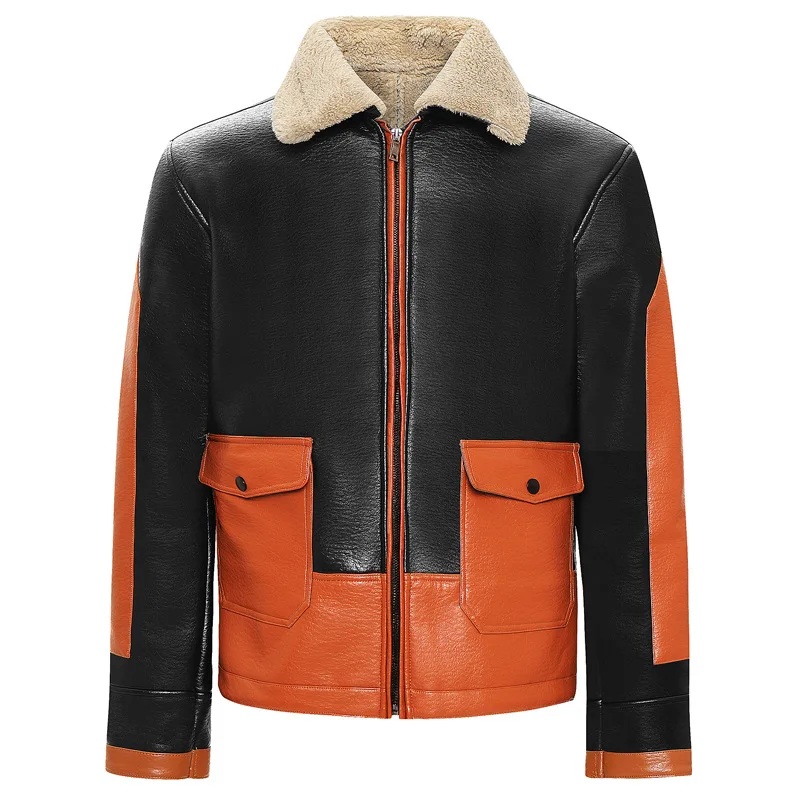 

Men Winter Lapel Leather Jacket Vogue Patchwork Bomber Motorcycle Coat Men Leather Windbreaker Jacket Outdoor Casual Fur Coats
