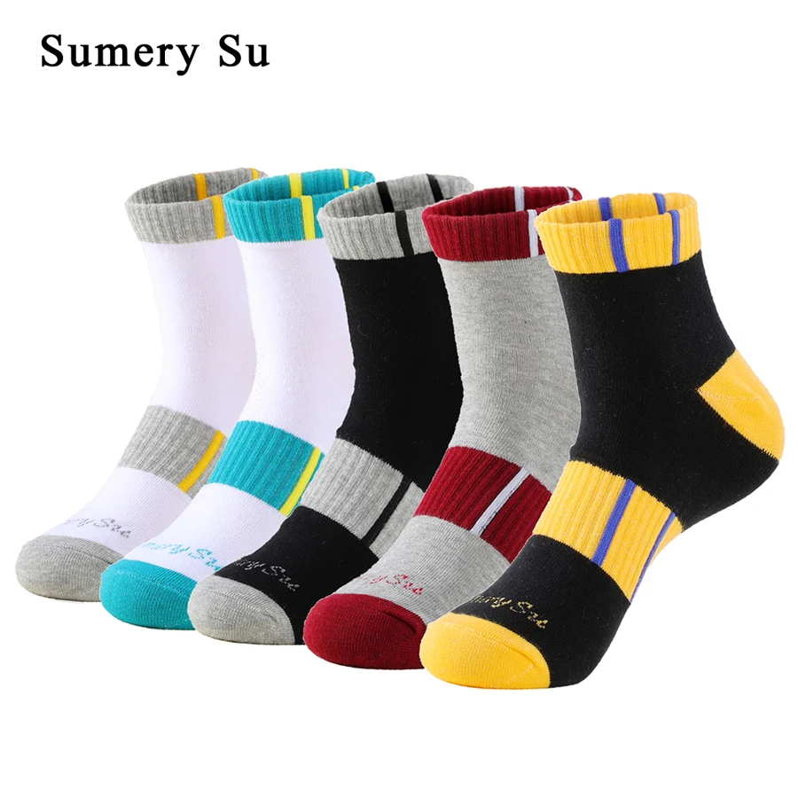 5 Pairs/Lot Running Socks Men Casual Stripes Colorful Combed Cotton Outdoor Compression Thick Short Male 5 Colors Hot Sale 2022