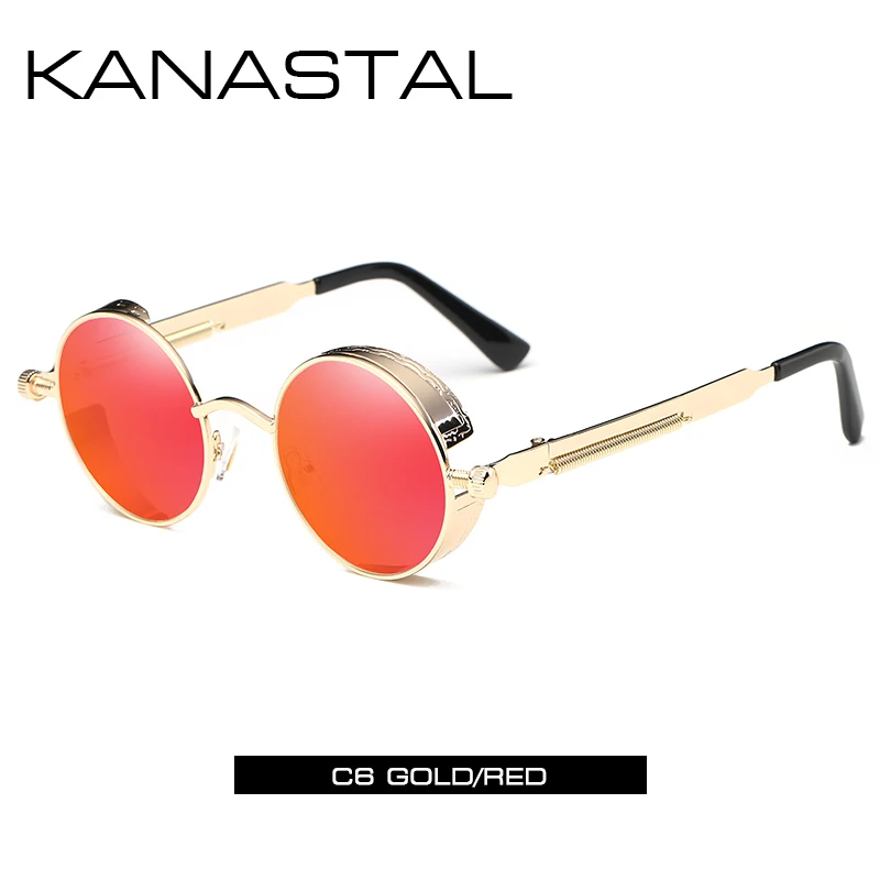 gold red Круглые Солнцезащитные очки в стиле стимпанк, зеркальные Мужские и женские очки в стиле панк, брендовые дизайнерские ретро очки в оправе, винтажные весенние солнечные очки UV400 - Цвет линз: gold red