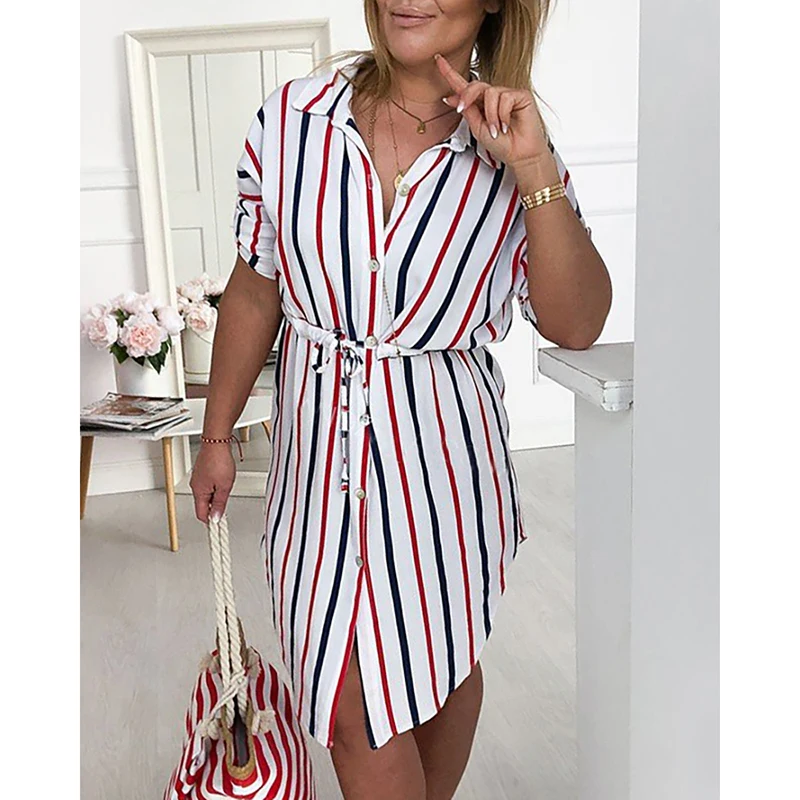 

2021 Autumn Stripe Print Shirt Dress Women Full Sleeve Belt Turn Down Collar Button Vintage Bodycon New