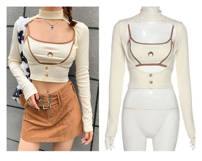 

2021 Brand Luxury Design Winter Women Fashion Classic Long Sleeve Round Neck Hollowed Out Top Sling Slim Vest Two Piece Set M2